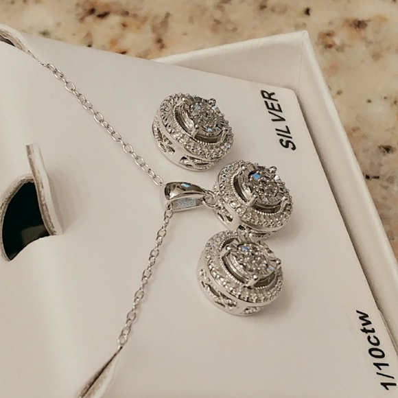 Jewelry - Sterling Silver Diamond Necklace & Earring Set